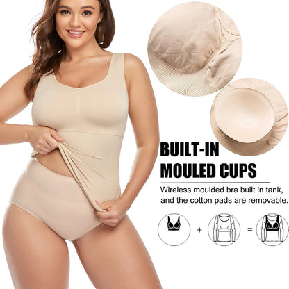 Women Cami Shaper with Built in Bra Tummy Control Camisole Tank Top Underskirts Shapewear Slimming Body Shaper Compression Vest