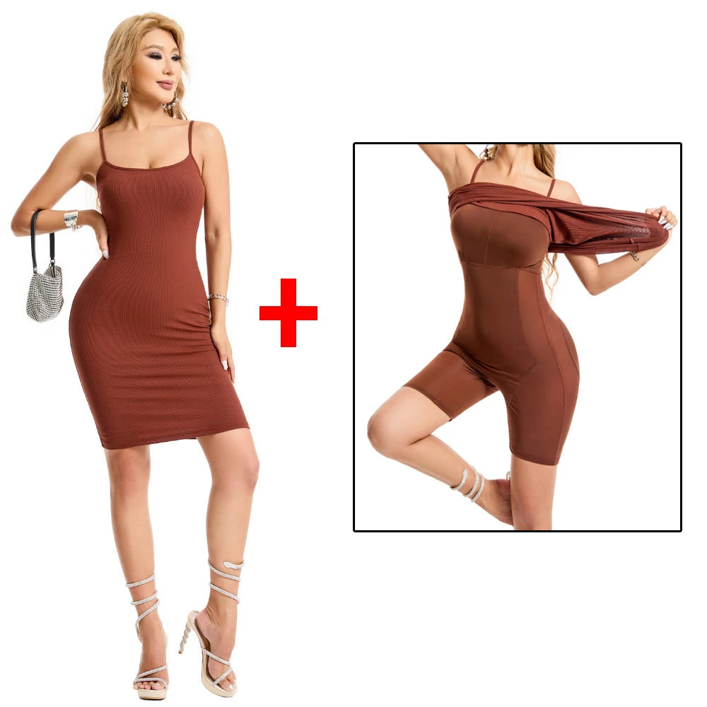 Women Shapewear Dress Control Slips Body Shaper Tight Slimming Control Panties in 1 Short Sleeves Casual Summer Dresses