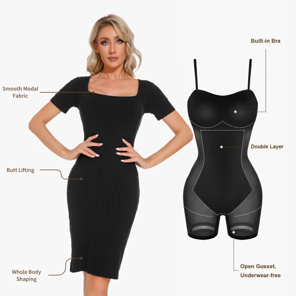 Shapewear Dresses Women Full Body Shaper Control Slips Built in Shapewear Bra in 1 Sexy Girl Short Sleeves Shaper Dress