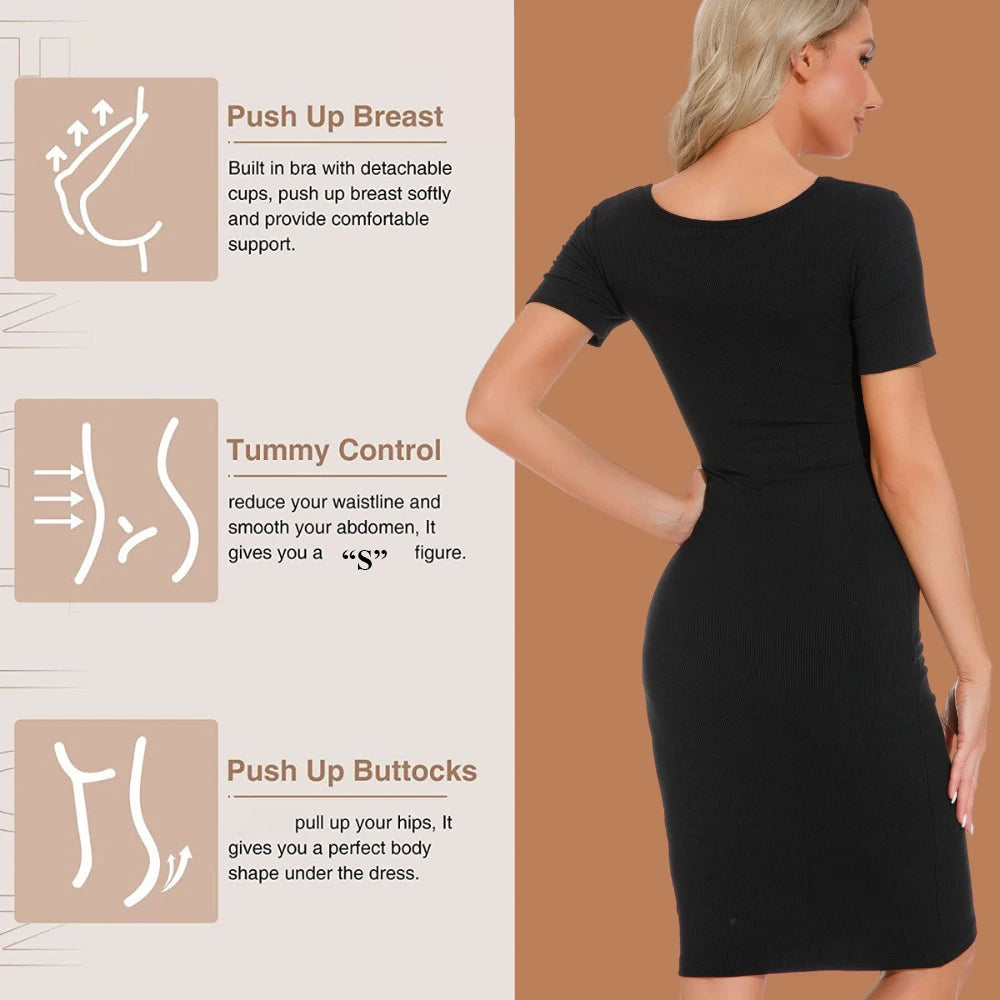 Shapewear Dresses Women Full Body Shaper Control Slips Built in Shapewear Bra in 1 Sexy Girl Short Sleeves Shaper Dress